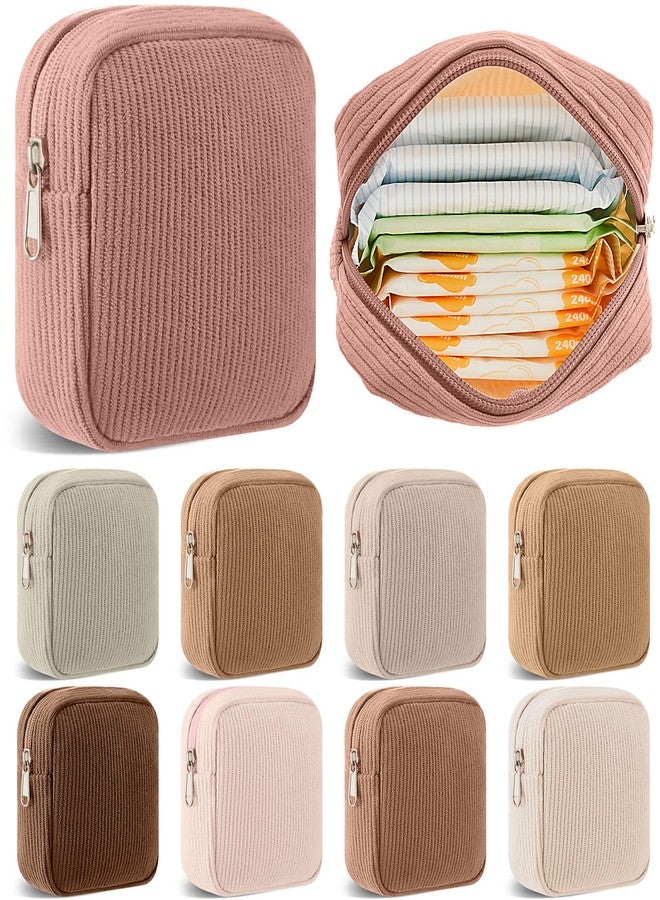Dansydaisy 9 Pcs Sanitary Storage Pouch Mini Corduroy Makeup Bag Valentine's Day Period Pouch Gift Tampon Bag for Women Teacher Purse Small Portable Wallet with Zipper for Travelling(Beige Color) - Image 1
